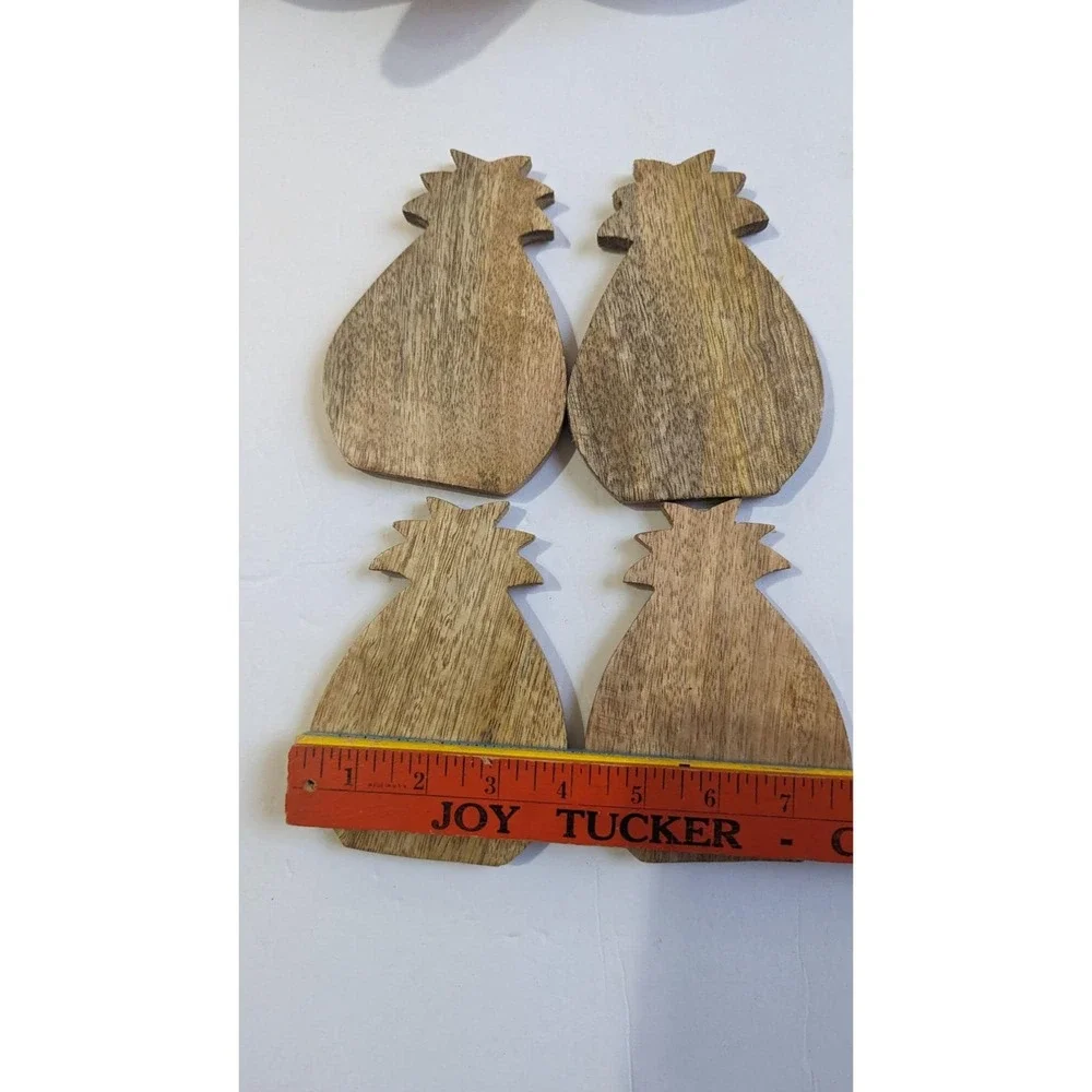 Pineapple Shaped Wood Coasters Set of 4 Tropical Boho Home‎ Decor Brown Wood